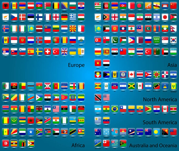 Collection of flags of countries around the world on a blue background. Europe, Asia, North America, South America, Oceania, Africa. Icons for websites. The glass effect and transparency. Complete collection. Vector graphics.