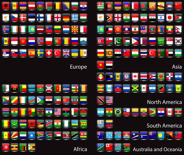 黒い背景に世界中の国々の国旗のコレクション ヨーロッパ アジア オセアニア アフリカ ウェブサイトのアイコン ガラス効果と透明性 全コレクション ベクトルグラフィックス — ストックベクタ