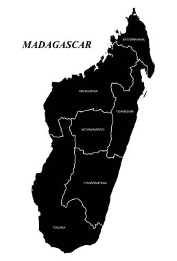 Madagaskar adasının haritası. Beyaz arka planda siyah bir siluet. Ada Eyaleti. Sınır illeri: Antananarivo, Toamasina, Toliara, Antsiranana, Fianarantsoa, Mahajanga. Vektör grafikleri.