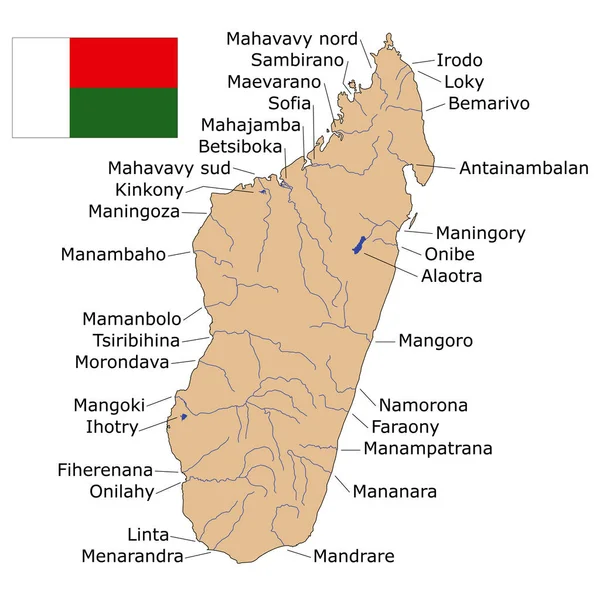 Kaart Van Het Eiland Madagaskar Met Een Vlag Rivieren Meren — Stockvector