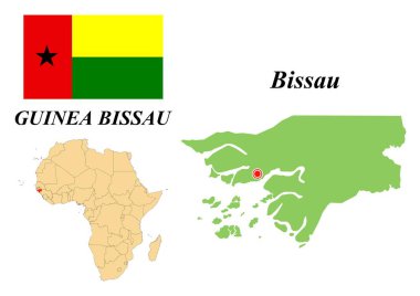 Gine-Bissau Cumhuriyeti. Bissau 'nun başkenti. Gine-Bissau bayrağı. Afrika kıtasının ülke sınırları haritası. Vektör grafikleri.