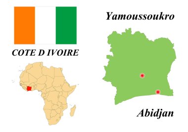 Fildişi Sahili Cumhuriyeti. Yamoussoukro 'nun başkenti. Fildişi rengi kıyı bayrağı. Afrika kıtasının ülke sınırları haritası. Vektör grafikleri.