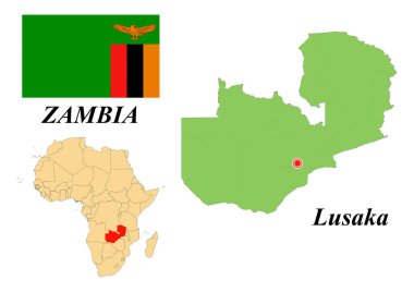 Zambiya Cumhuriyeti. Lusaka 'nın başkenti. Zambiya Bayrağı. Afrika kıtasının ülke sınırları haritası. Vektör grafikleri.