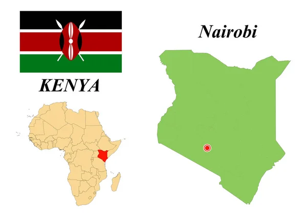 Kenya Cumhuriyeti. Nairobi 'nin başkenti. Kenya bayrağı. Afrika kıtasının ülke sınırları haritası. Vektör grafikleri.