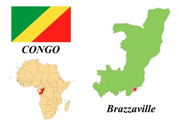 República Del Congo Capital Brazzaville Bandera República Del Congo Mapa — Vector de stock