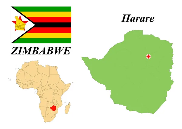 República Zimbabue Capital Harare Bandera Zimbabwe Mapa Del Continente Africano — Vector de stock