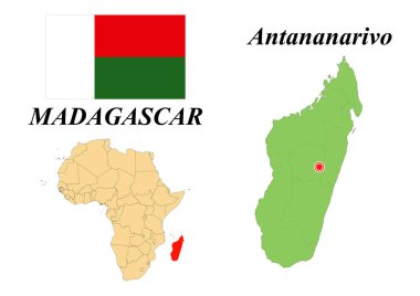 Republic of Madagascar. Capital of Antananarivo. Flag of Madagascar. Map of the continent of Africa with country borders. Vector graphics.