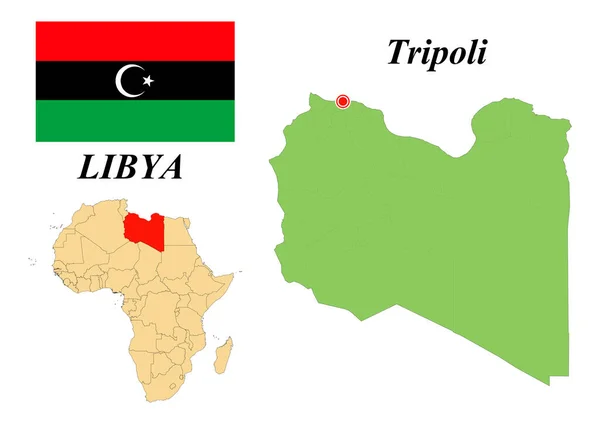 Estado Líbia Capital Trípoli Bandeira Líbia Mapa Continente Africano Com —  Vetores de Stock