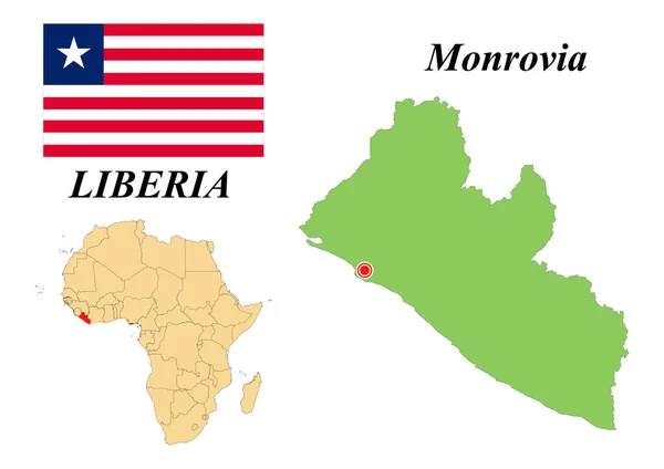 Republic of Liberia. Capital of Monrovia. Flag of Liberia. Map of the continent of Africa with country borders. Vector graphics.