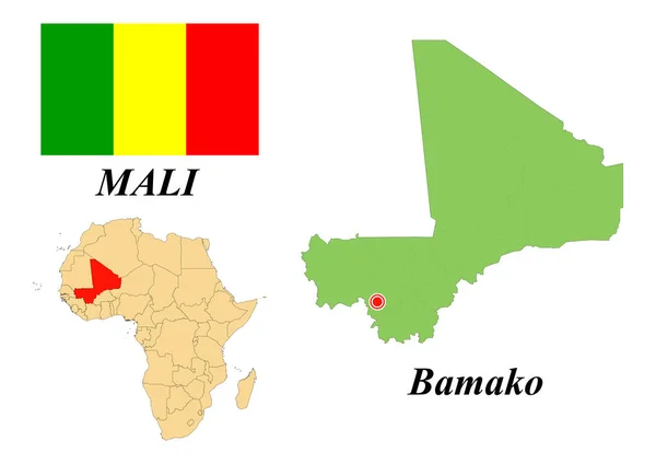 República Malí Capital Bamako Bandera Malí Mapa Del Continente Africano — Vector de stock