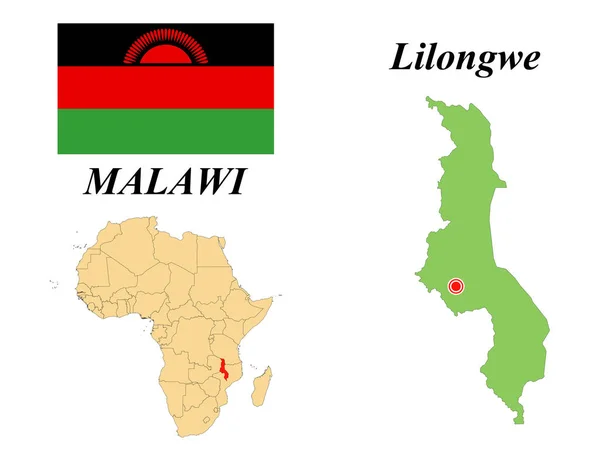 República Malawi Capital Lilongwe Bandera Malawi Mapa Del Continente Africano — Vector de stock
