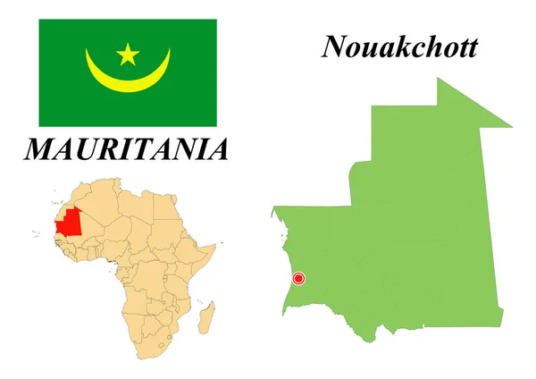 República Islámica Mauritania Capital Nouakchott Bandera Mauritania Mapa Del Continente — Vector de stock