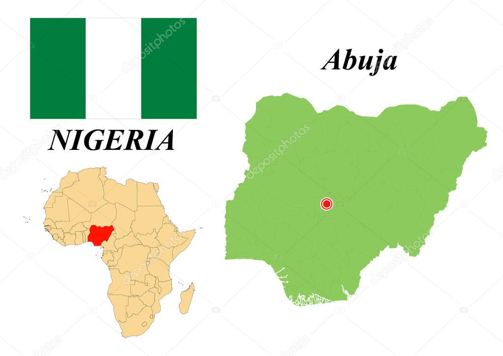 Federal Republic of Nigeria. Capital of Abuja. Flag of Nigeria. Map of the continent of Africa with country borders. Vector graphics.