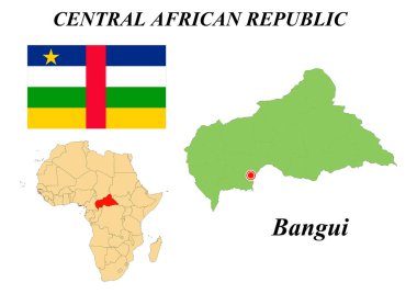 Central African Republic. Capital Of Bangui. The flag of the Central African Republic. Map of the continent of Africa with country borders. Vector graphics.