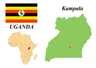 Republic of Uganda. Capital of Kampala. Flag of Uganda. Map of the continent of Africa with country borders. Vector graphics.