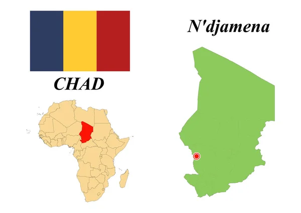 República Chad Capital Ndjamena Bandera Chad Mapa Del Continente Africano — Vector de stock