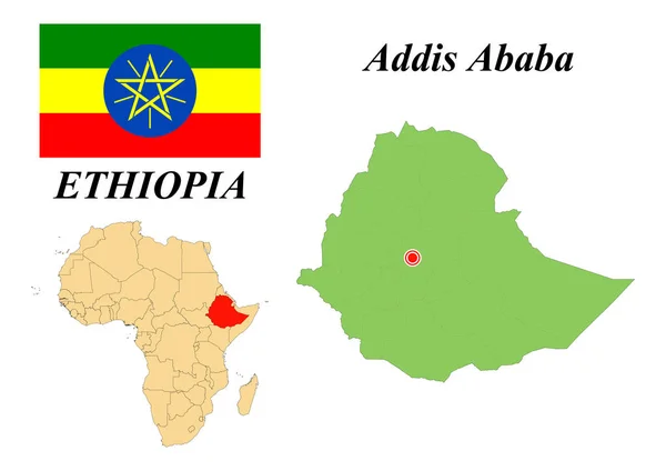 Federal Democratic Republic Of Ethiopia. The Capital Is Addis Ababa. Flag of Ethiopia. Map of the continent of Africa with country borders. Vector graphics.