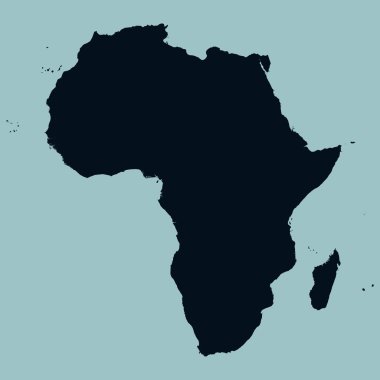 Map of the continent of Africa with Islands and Madagascar. Silhouette on a blue background. Equatorial Guinea and Gabon and Botswana and Algeria and South Africa and Egypt and Tunisia and Namibia. Vector graphics.