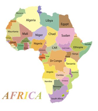 Map of the continent of Africa. Color silhouette with borders and country names. Equatorial Guinea and Gabon and Botswana and Algeria and South Africa and Egypt and Tunisia and Namibia. White background. Vector graphics.