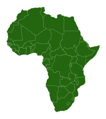Map of the continent of Africa. Green silhouette with country borders. White background with country names. Equatorial Guinea and Gabon and Botswana and Algeria and South Africa and Egypt and Tunisia and Namibia. Vector graphics.