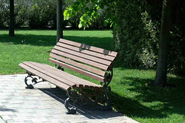 Panchina Nel Parco Cittadino Sullo Sfondo Prato Verde Alberi Primaverili — Foto Stock