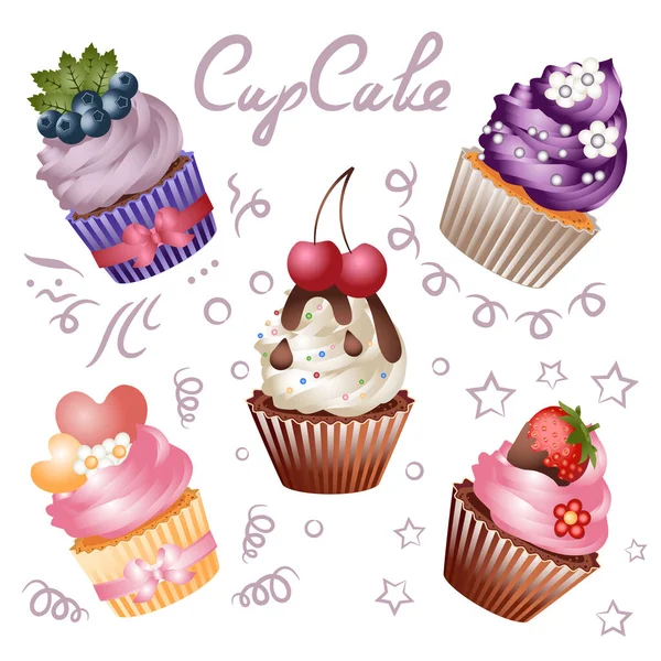 Beyaz arka planda şirin kekler. İzole edilmiş ikonlar. Tatlı pastalar çeşitli böğürtlen ve tatlılarla süslenir. Yaratıcılık ve tasarım için bir set. Web siteleri için simgeler. Kutlama için..