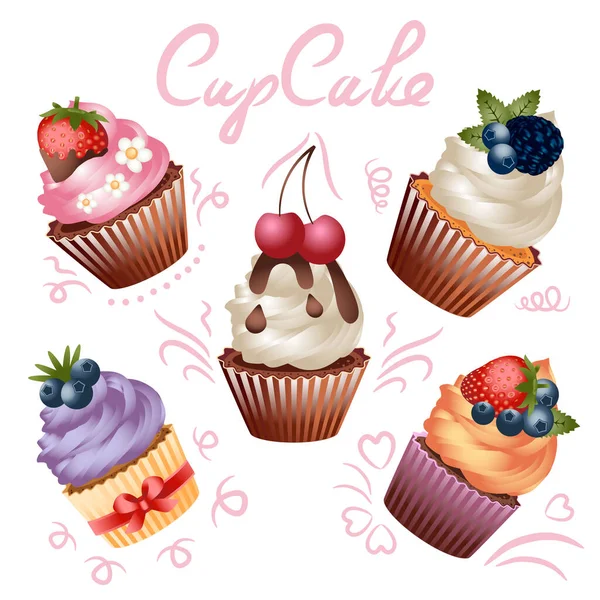 Cupcake Realistici Colorati Pasticceria Dolce Pasticceria Immagini Vettoriali Isolate Pronti — Vettoriale Stock