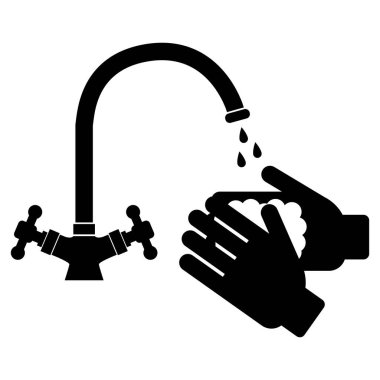 Sabunla el yıkama. Vektör grafikleri. Musluktan su akar. Vektör grafikleri. El dezenfektanı. COVID-19 virüsü. Koronavirüsün önlenmesi.