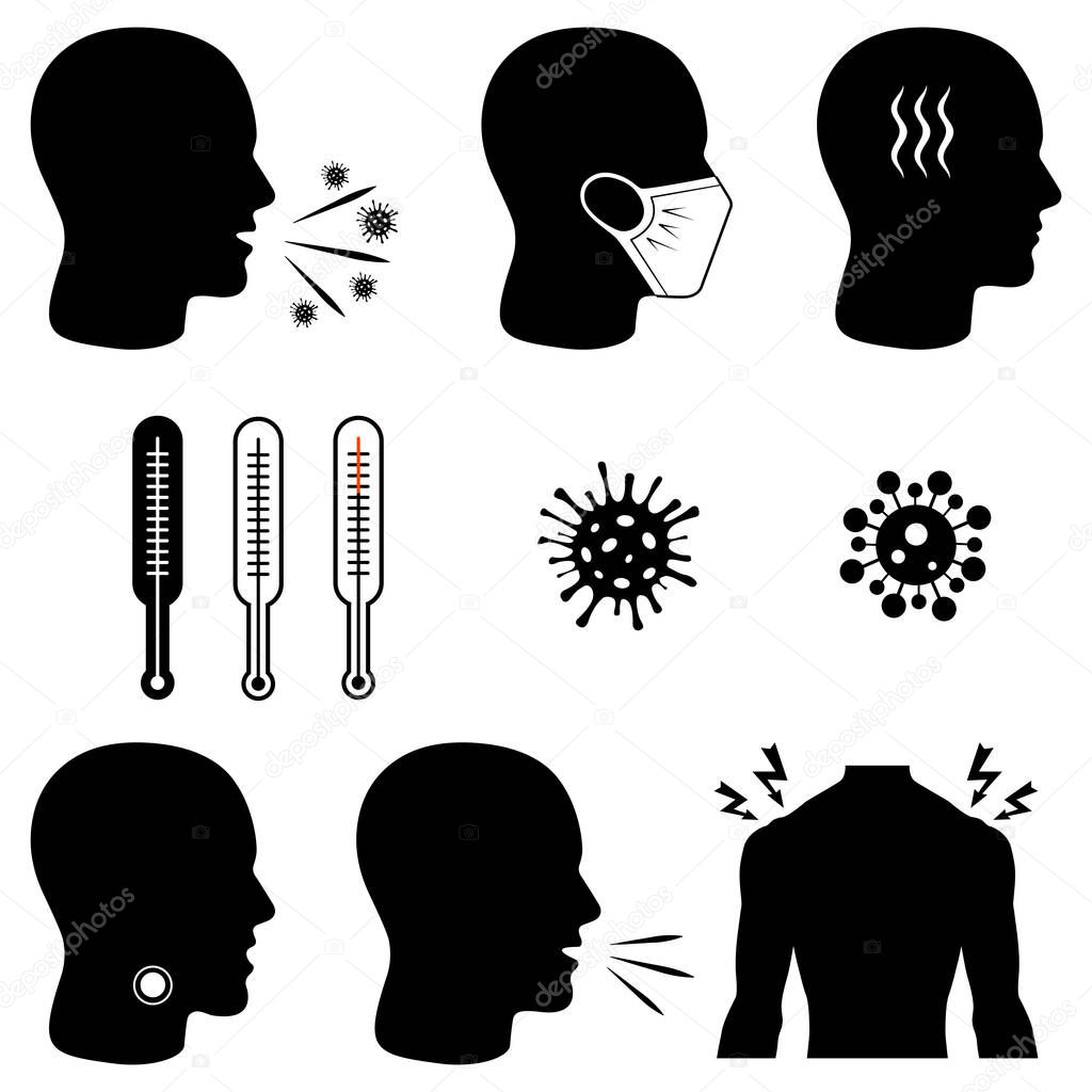 Icons for promoting covid-19 hygiene with wearing a face mask. Measurement of body temperature using a thermometer. Isolated vector icons. No infection and stop the virus. The symptoms of the disease and prevention infographic illustration.