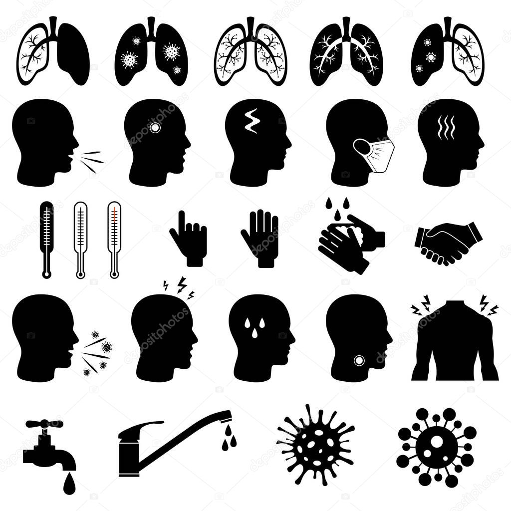 A set for the prevention of coronavirus infection. Icons for use in medical purposes. Isolated vector icons. Block a pandemic to stop a new outbreak. No infection and stop the virus. Templates for preparation of health posters.