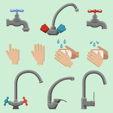 Ellerini musluğun altında lağım suyuyla yıka. Vektör grafikleri. El dezenfektanı. COVID-19 virüsü. Koronavirüsün önlenmesi.