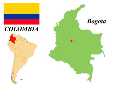 Kolombiya Cumhuriyeti. Başkent Santa Fe De Bogota 'dır. Kolombiya bayrağı. Ülke sınırları olan Güney Amerika kıtasının haritası. Vektör grafikleri.