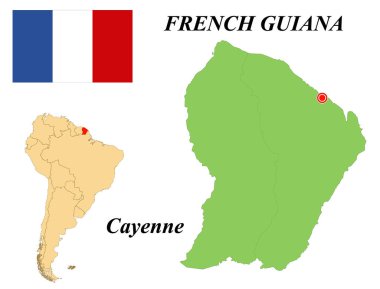 Fransız Guyanasının bağımlı bölgesi. Başkent Cayenne. Fransız Guyanası bayrağı. Ülke sınırları olan Güney Amerika kıtasının haritası. Vektör grafikleri.