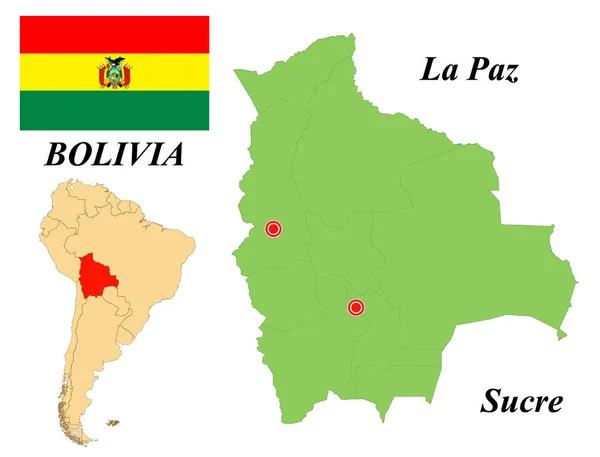 ボリビアの多国籍国家 首都はラパスとスクレ ボリビアの国旗 国境と南アメリカ大陸の地図 ベクトルグラフィックス — ストックベクタ