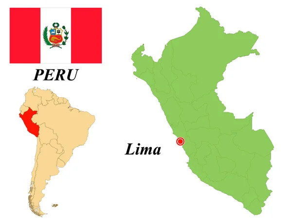 República Peru Capital Lima Bandeira Peru Mapa Continente América Sul —  Vetores de Stock