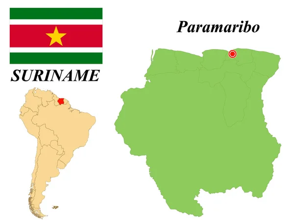 Republika Surinamu Stolica Paramaribo Flaga Surinamu Mapa Kontynentu Ameryki Południowej — Wektor stockowy