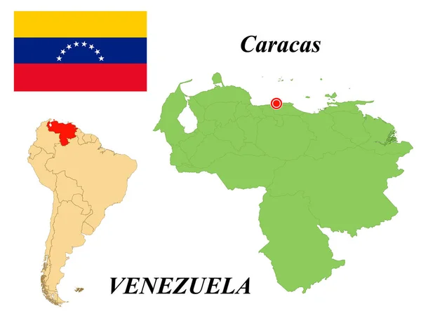 ベネズエラのボリバル共和国 首都はカラカス ベネズエラの国旗 国境と南アメリカ大陸の地図 ベクトルグラフィックス — ストックベクタ