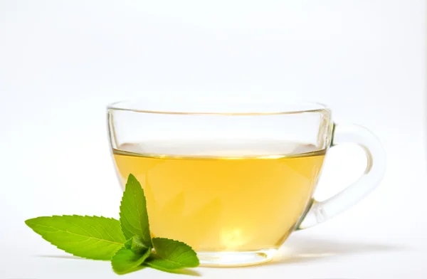 Glas transparant cup met thee en groene muntblad Stockfoto