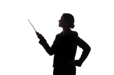 Takım elbiseli genç kadın işaretçi ileri, yan - görüntüler siluet