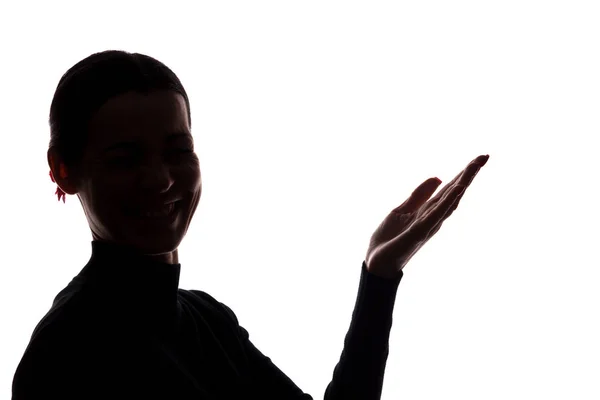 Jonge Vrouw Pak Toont Zijn Wijsvinger Hand Vooruit Silhouet — Stockfoto