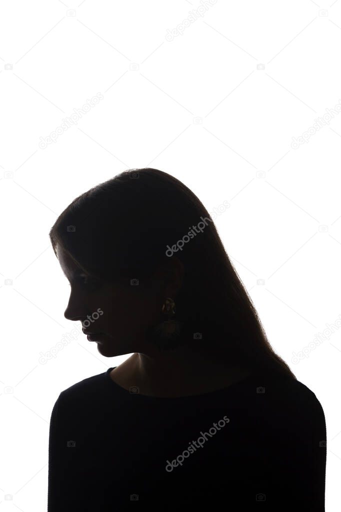 Portrait beautiful young girl looking down concept - silhouette, isolate