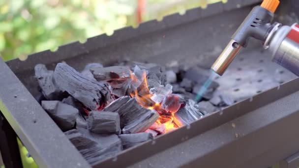 在火盆里燃烧的木柴。火，火焰。烧烤 — 图库视频影像