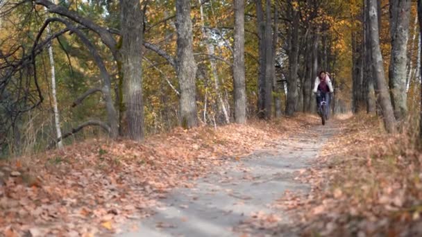 Mulher monta uma bicicleta ao pôr-do-sol e floresta. Outono . — Vídeo de Stock