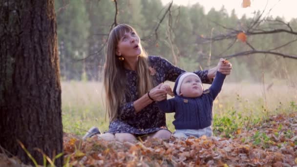 Mother with her baby boy in autumn forest falling leaves — Stock video