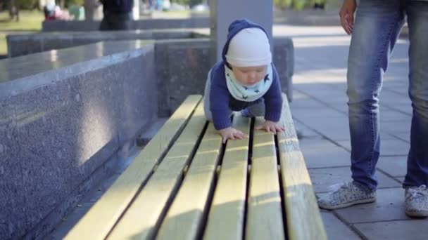 Liten pojke kryper på bänken i parken. Utomhus. — Stockvideo