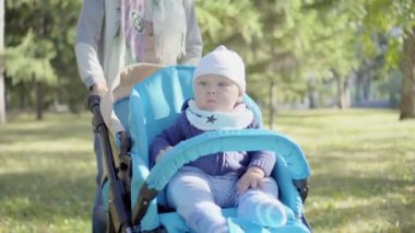 Anne, bir bebek arabası için yürümeye başlayan çocuk alır. Gülümseyen ve oynarken onun kollarını sallayarak bebek. Açık.