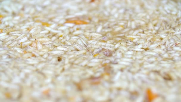 Pilaf in a cauldron over a fire. Rice and carrot. Close-up. Macro. — Stock Video