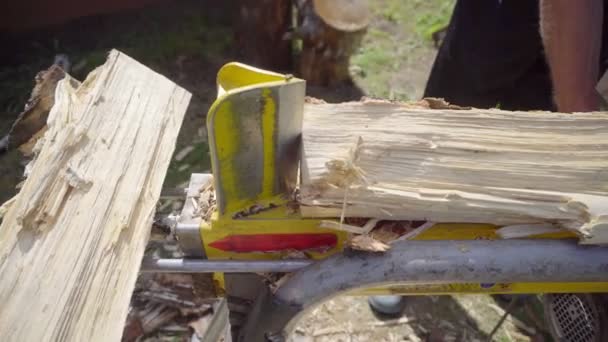 Man hakken van hout met een speciaal apparaat. — Stockvideo