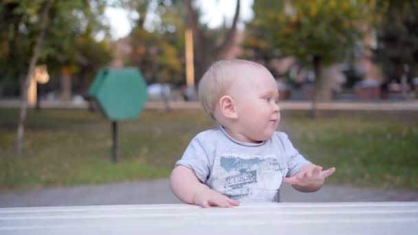 Baby jongetje leert lopen langs de Bank. In het park. Buiten. — Stockvideo
