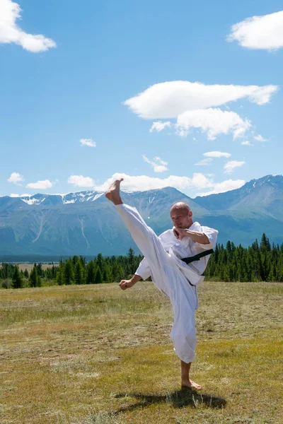 Mann in weißem Kimono und schwarzem Gürtel trainiert Karate auf Bergkulisse. lizenzfreie Stockbilder